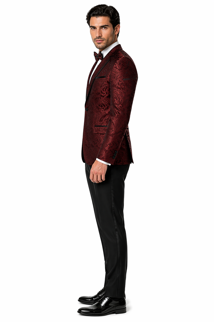 Mens Paisley Blazer - Floral Pattern Rust Copper Color and Black Mix - Light Brown Color Tuxedo Dinner Jacket