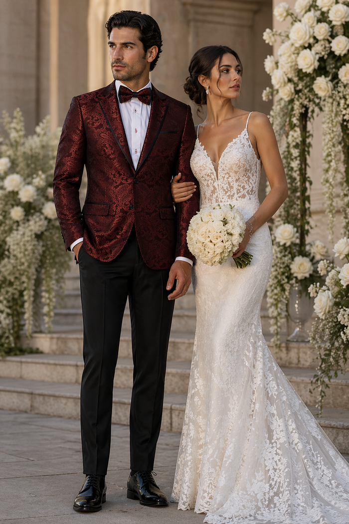 Mens Paisley Blazer - Floral Pattern Rust Copper Color and Black Mix - Light Brown Color Tuxedo Dinner Jacket