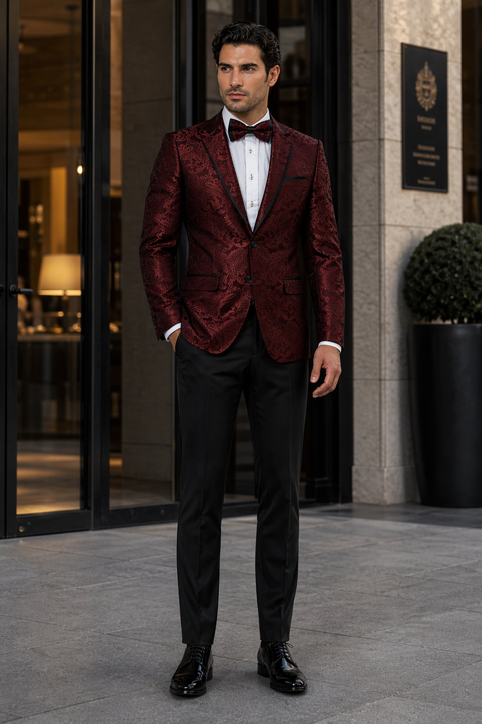 Mens Paisley Blazer - Floral Pattern Rust Copper Color and Black Mix - Light Brown Color Tuxedo Dinner Jacket