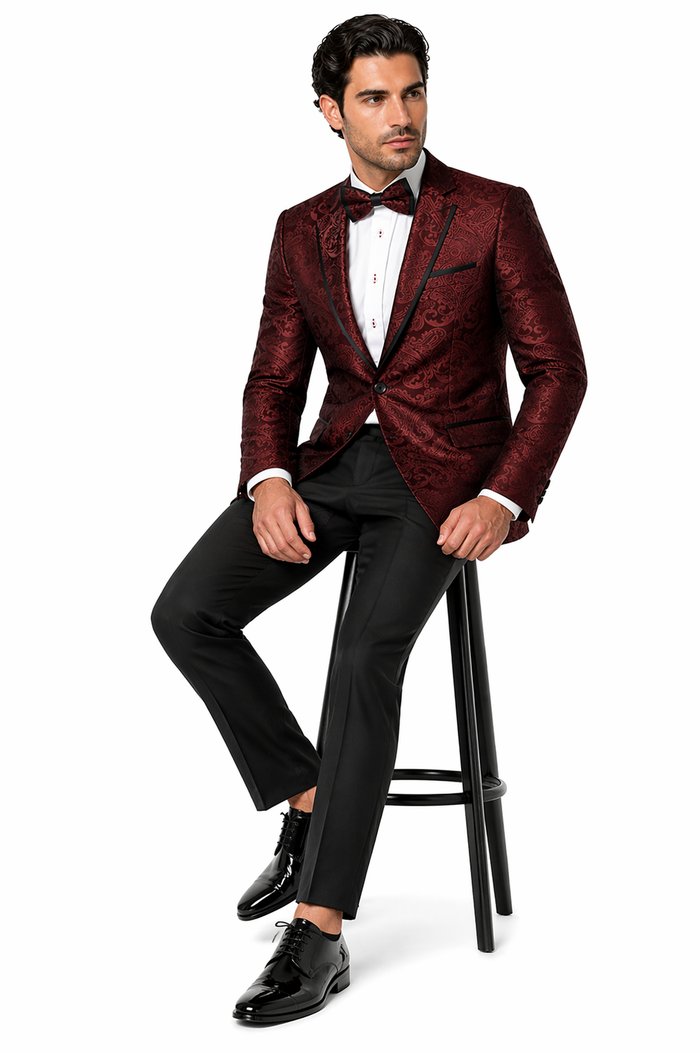 Mens Paisley Blazer - Floral Pattern Rust Copper Color and Black Mix - Light Brown Color Tuxedo Dinner Jacket