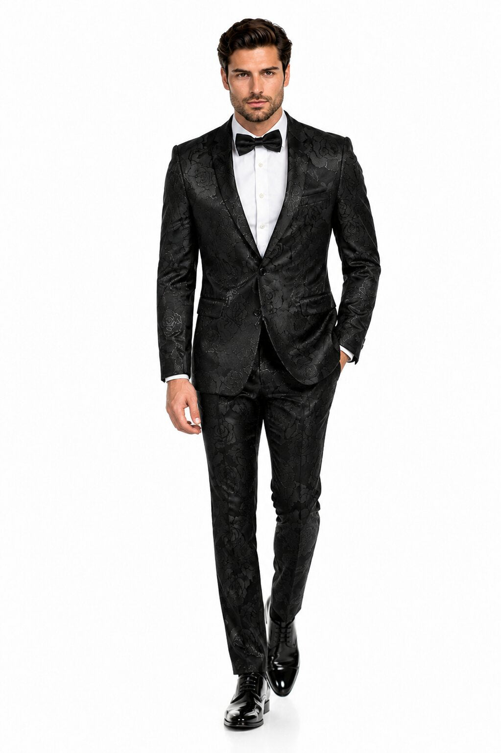 Mens 2 Button Shiny Black on Black Floral Paisley Prom & Wedding Tuxedo