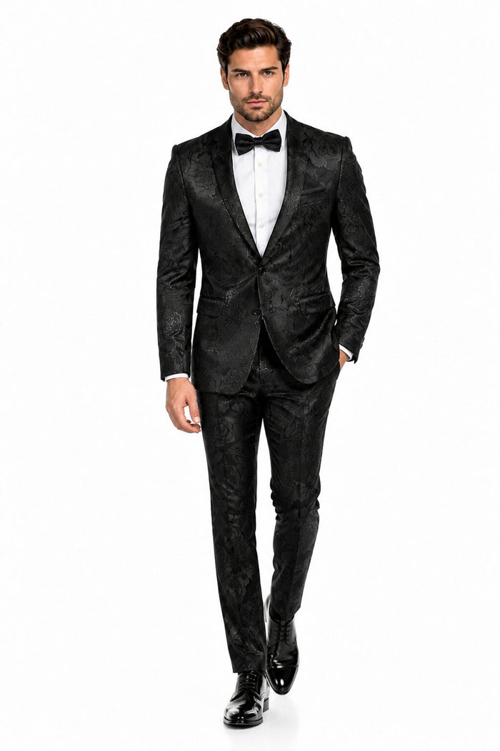 Mens 2 Button Shiny Black on Black Floral Paisley Prom & Wedding Tuxedo