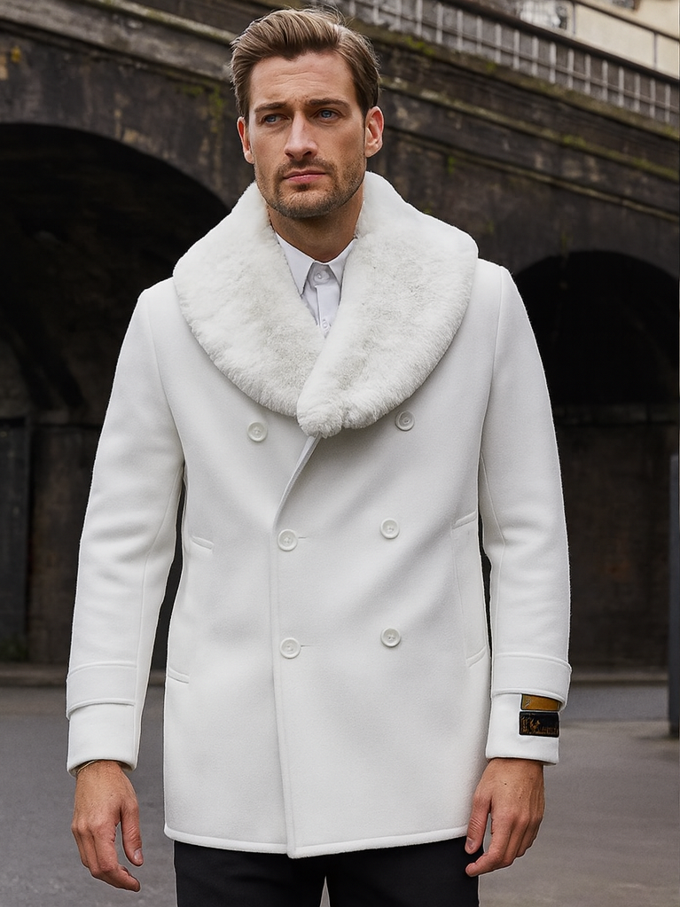 Mens Pea coats With Fur Collar - Wool White Peacoats