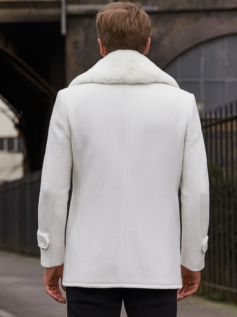 Mens Pea coats With Fur Collar - Wool White Peacoats