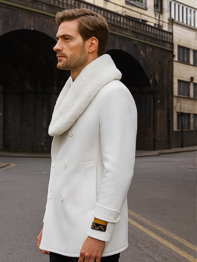 Mens Pea coats With Fur Collar - Wool White Peacoats