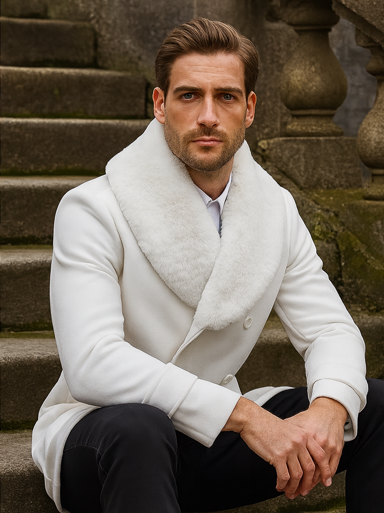 Mens Pea coats With Fur Collar - Wool White Peacoats