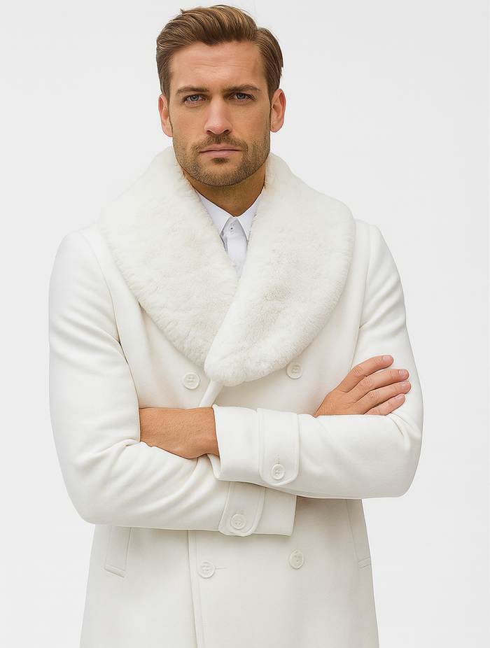Mens Pea coats With Fur Collar - Wool White Peacoats