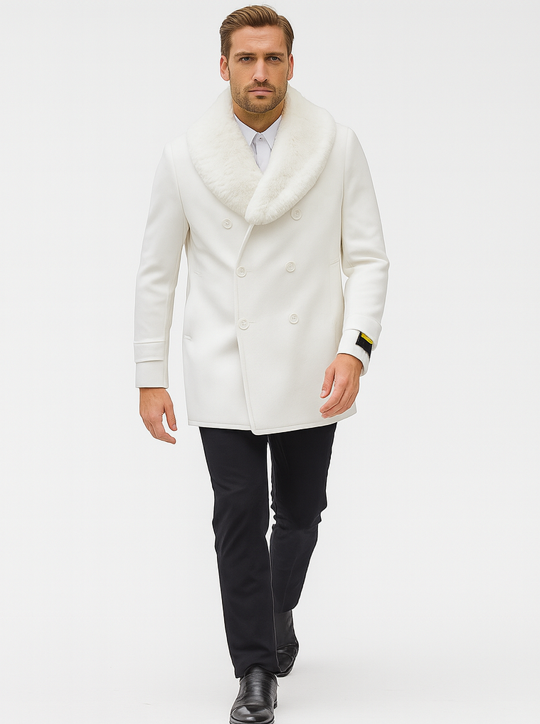 Mens Pea coats With Fur Collar - Wool White Peacoats