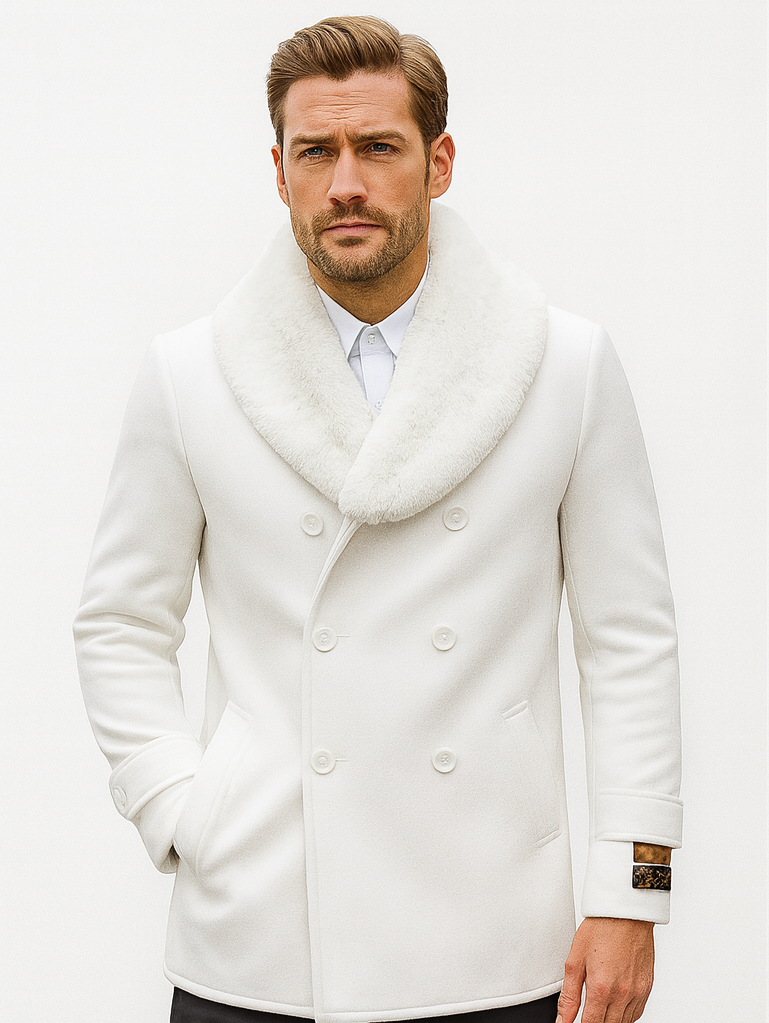 Mens Pea coats With Fur Collar - Wool White Peacoats
