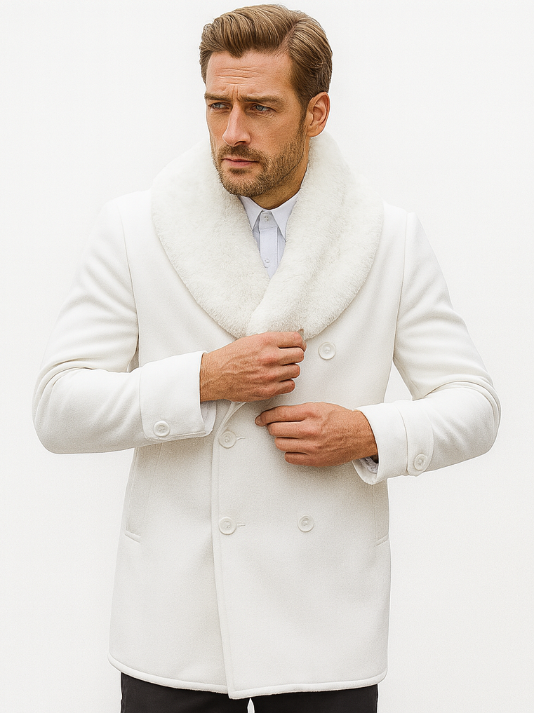 Mens Pea coats With Fur Collar - Wool White Peacoats