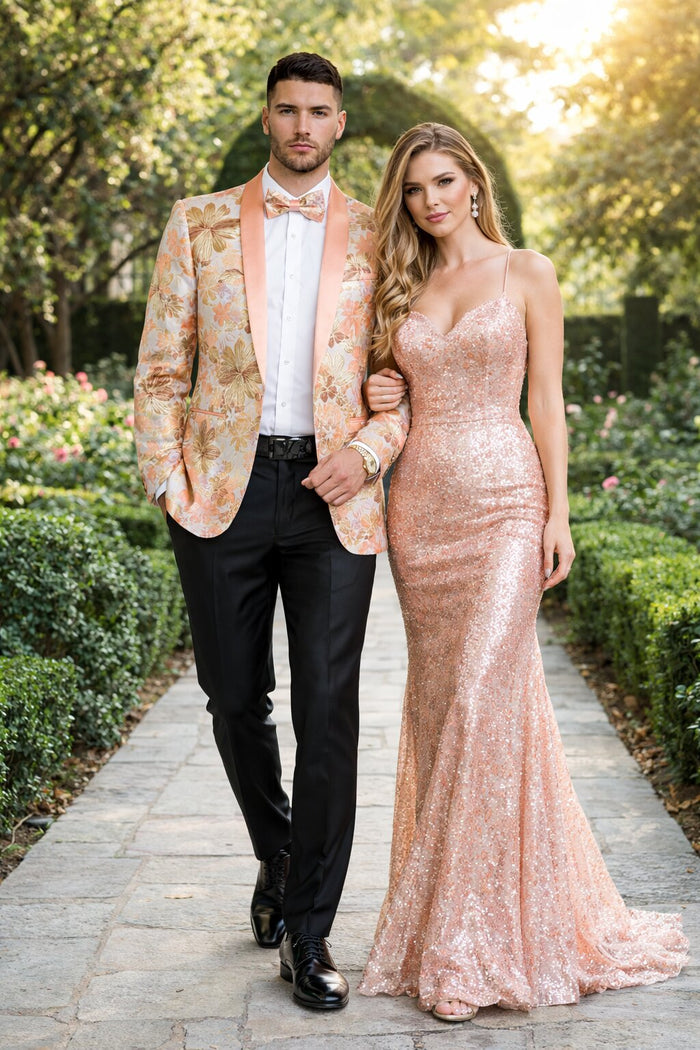 Mens Paisley Shawl Prom Tuxedo Blazer in Peach Peach Prom Tuxedos