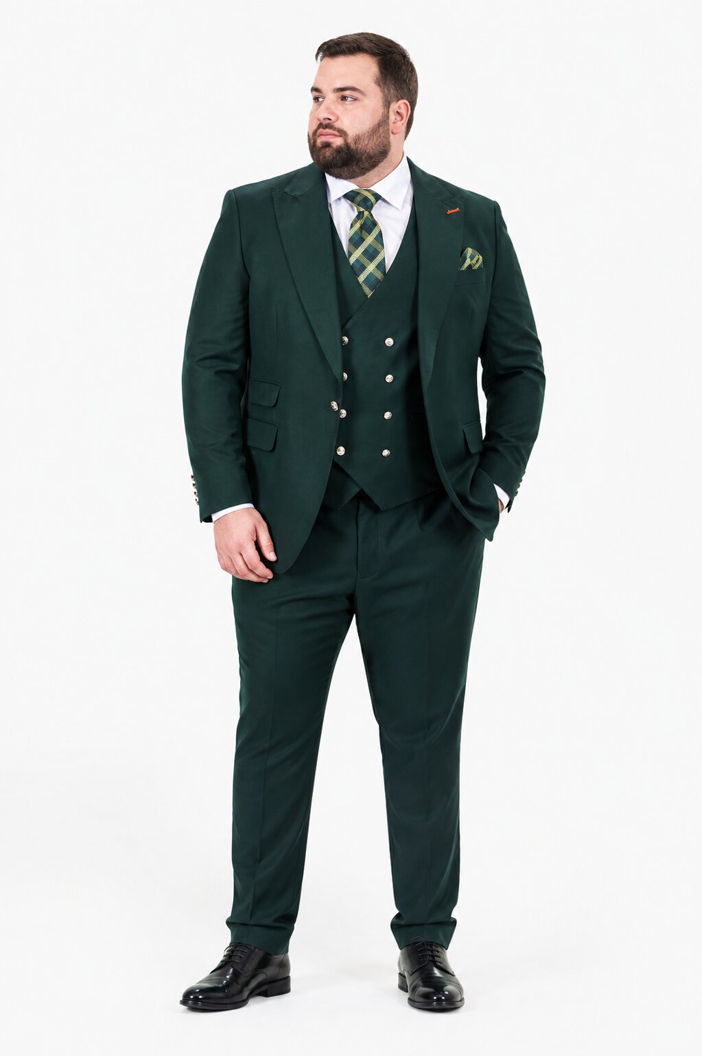 Men's Hunter Statement Ticket Pocket Peak Lapel Wool Double Breasted Vest Suit with Silver Buttons – Modern Fit