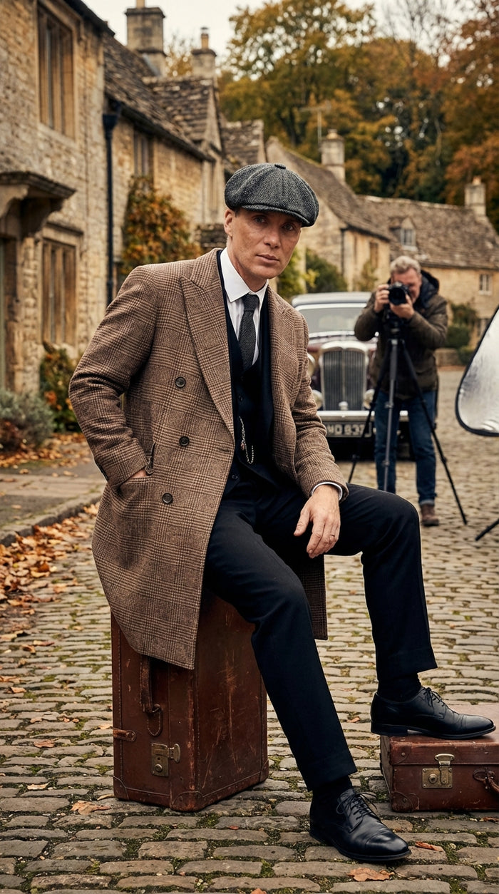 Mens Peaky Blinders Gray Plaid Double Breasted Overcoat + Suit  Peaky Blinders Vintage Wool Blend Coat 1920's
