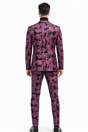 Mens Pink and Black Floral Tuxedo Suit  Slim Fit Two Piece Set