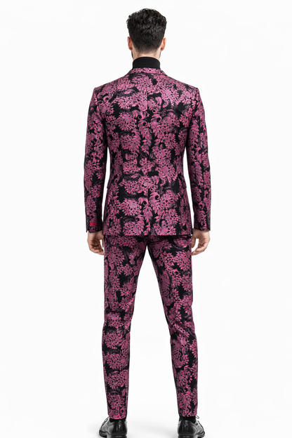 Men's Pink and Black Floral Tuxedo Suit - Slim Fit Two Piece Set