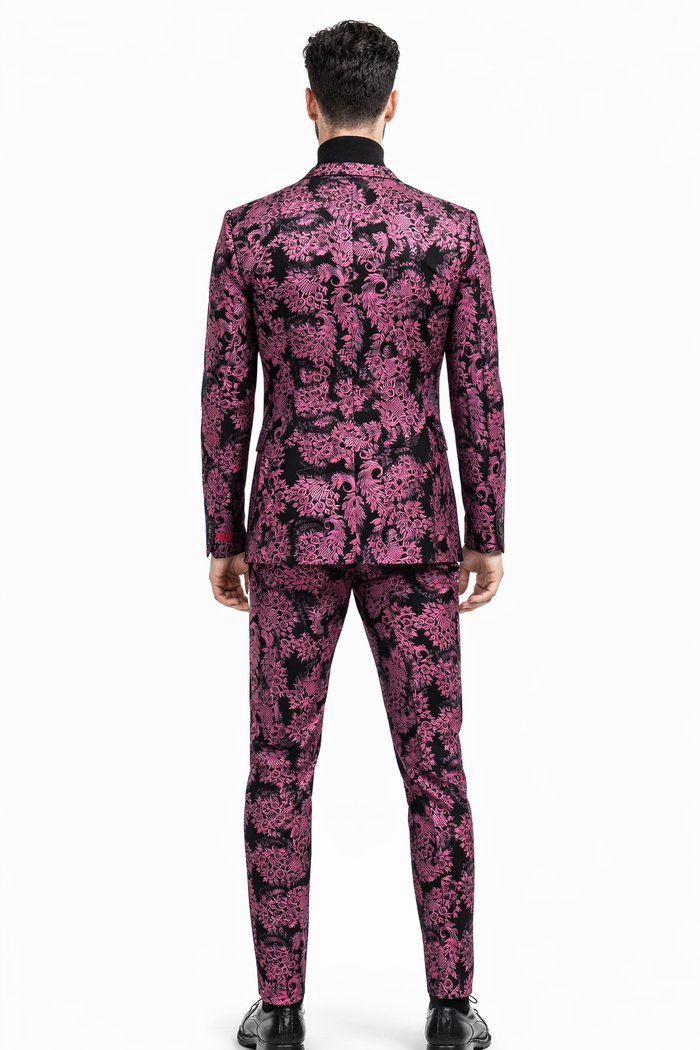 Men's Pink and Black Floral Tuxedo Suit - Slim Fit Two Piece Set