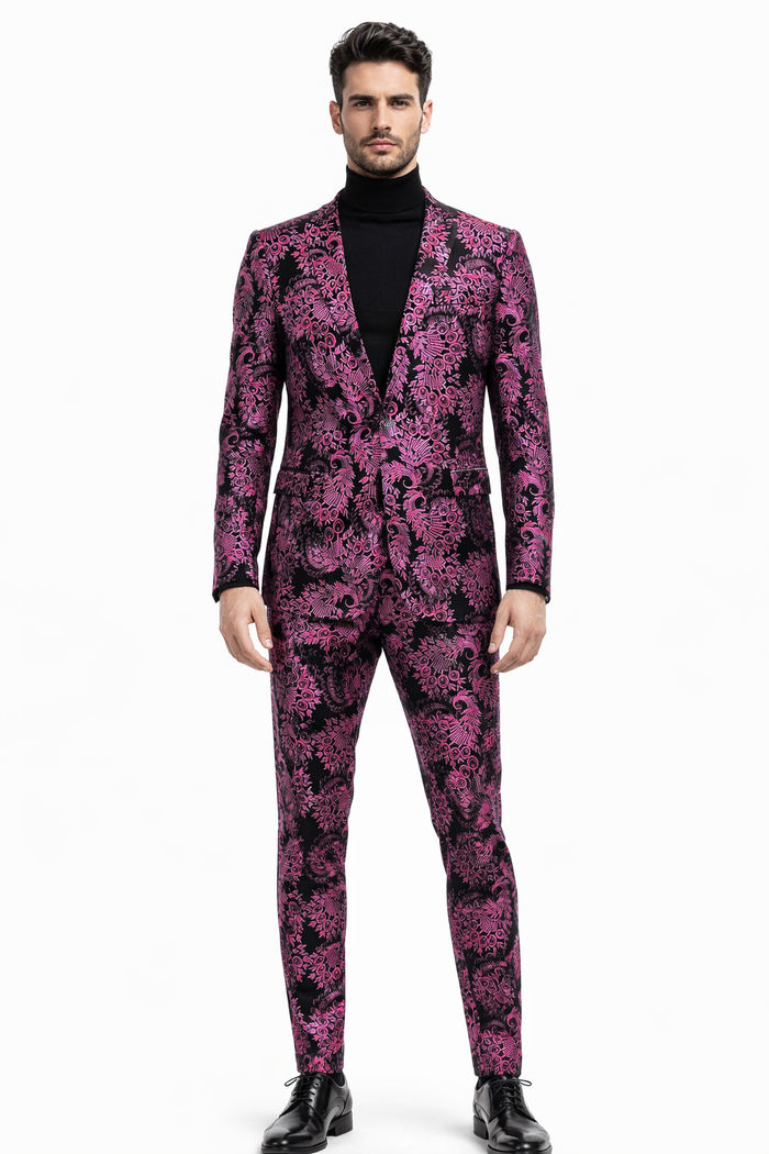 Men's Pink and Black Floral Tuxedo Suit - Slim Fit Two Piece Set
