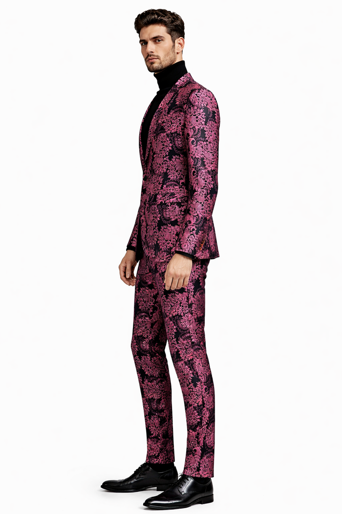 Men's Pink and Black Floral Tuxedo Suit - Slim Fit Two Piece Set