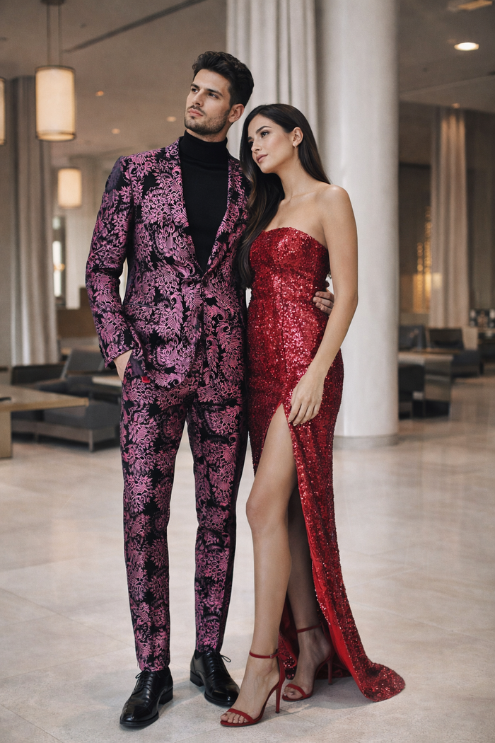 Men's Pink and Black Floral Tuxedo Suit - Slim Fit Two Piece Set