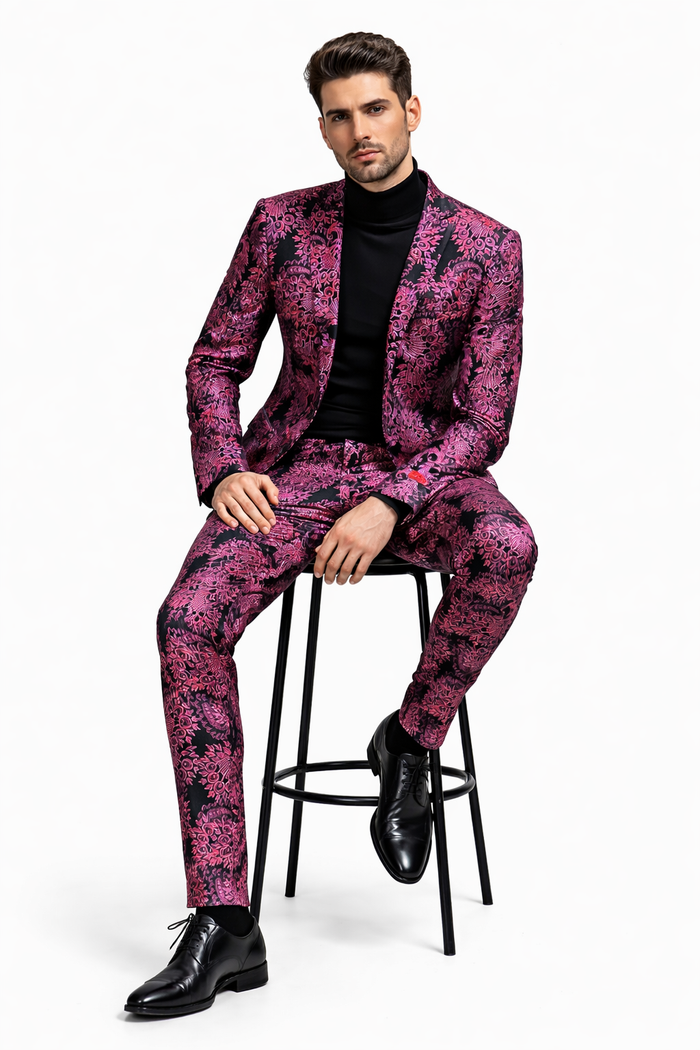 Men's Pink and Black Floral Tuxedo Suit - Slim Fit Two Piece Set