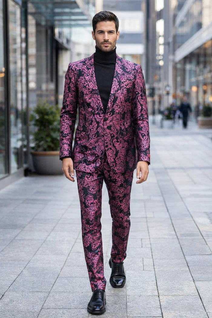 Men's Pink and Black Floral Tuxedo Suit - Slim Fit Two Piece Set