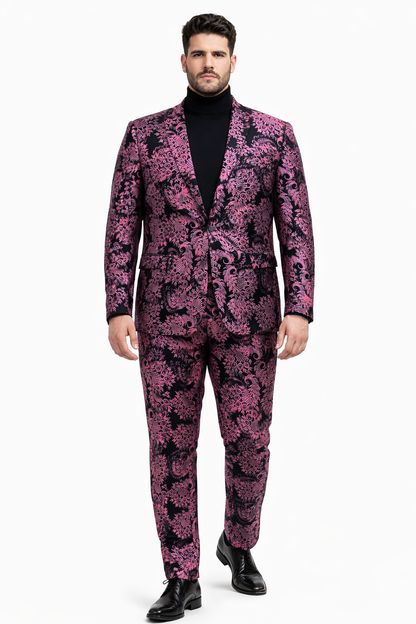 Men's Pink and Black Floral Tuxedo Suit - Slim Fit Two Piece Set