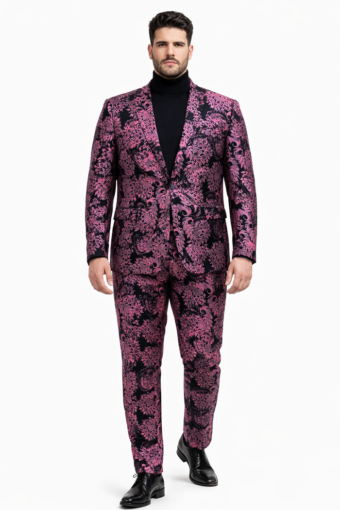Men's Pink and Black Floral Tuxedo Suit - Slim Fit Two Piece Set