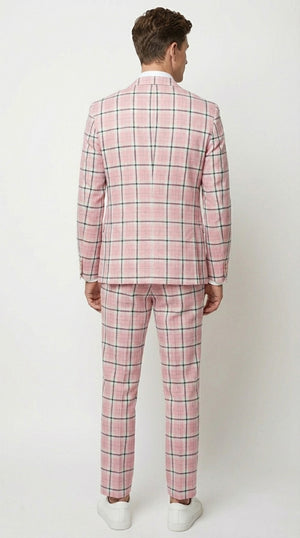 Mens Pink and Black Plaid Designer Suit Set – Stylish Suit with Check Pattern Jacket and Windownpane Summer Color