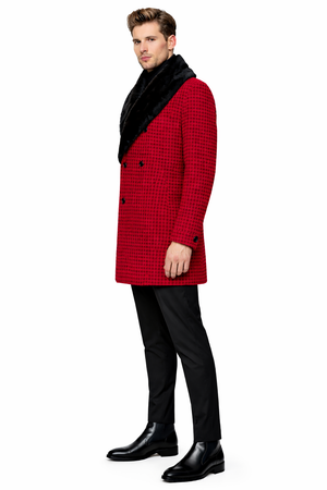Mens Plaid Overcoat - Hounstooth Checker Pattern Topcoat - Red