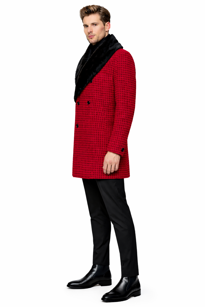 Mens Plaid Overcoat - Hounstooth Checker Pattern Topcoat - Red