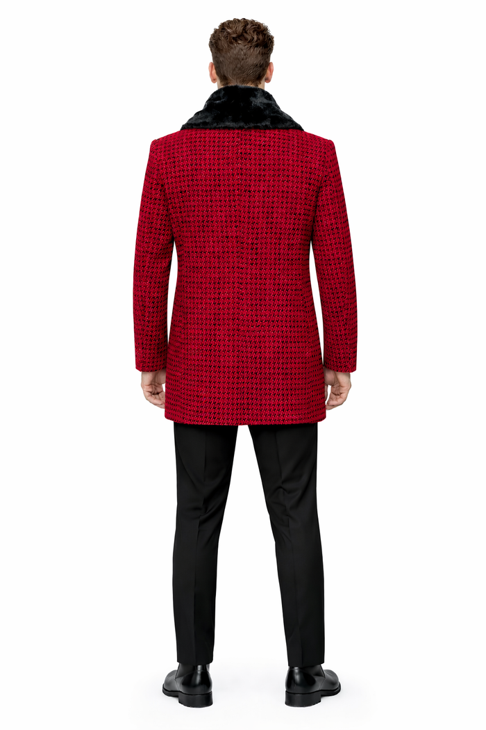 Mens Plaid Overcoat - Hounstooth Checker Pattern Topcoat - Red