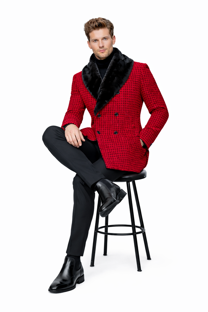 Mens Plaid Overcoat - Hounstooth Checker Pattern Topcoat - Red