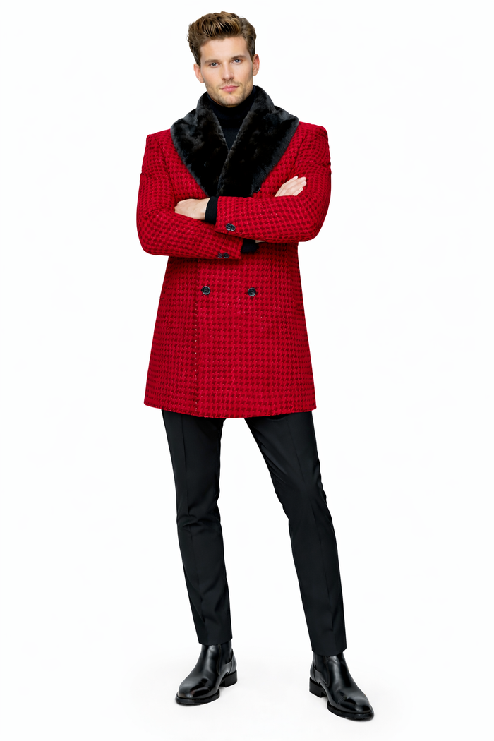 Mens Plaid Overcoat - Hounstooth Checker Pattern Topcoat - Red
