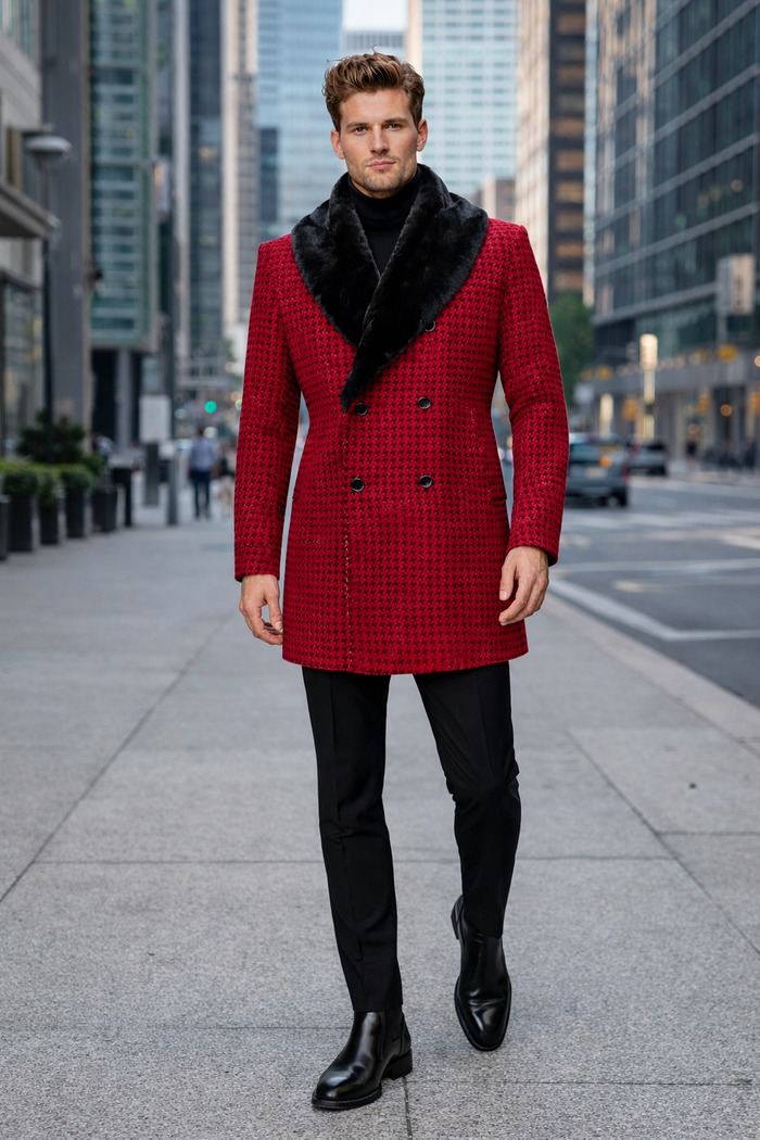Mens Plaid Overcoat - Hounstooth Checker Pattern Topcoat - Red