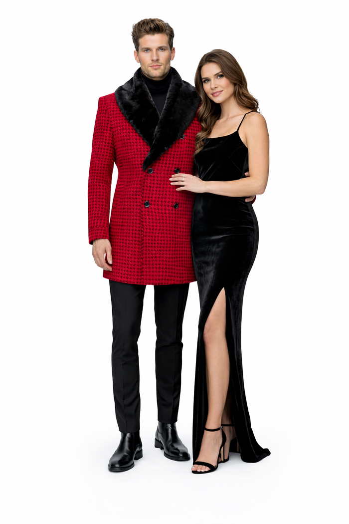 Mens Plaid Overcoat - Hounstooth Checker Pattern Topcoat - Red