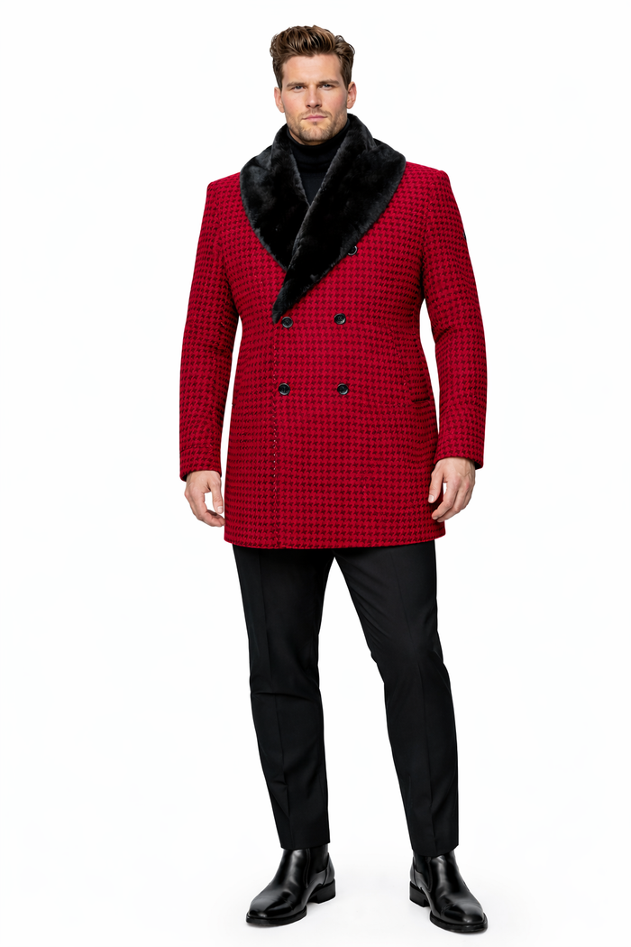 Mens Plaid Overcoat - Hounstooth Checker Pattern Topcoat - Red