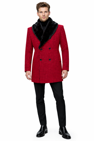 Mens Plaid Overcoat - Hounstooth Checker Pattern Topcoat - Red