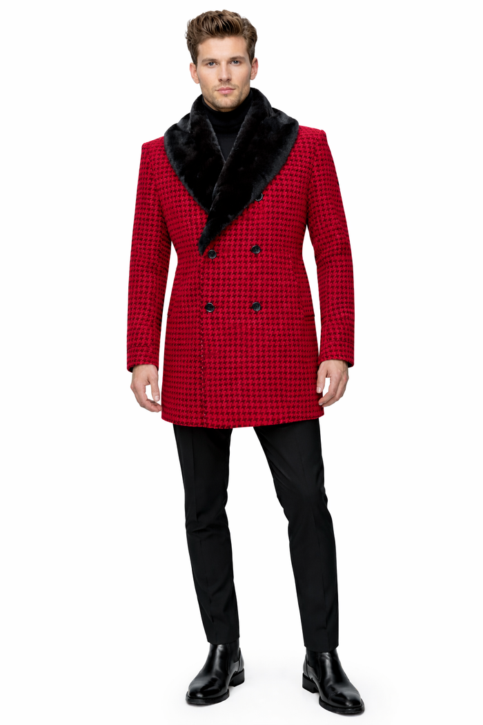 Mens Plaid Overcoat - Hounstooth Checker Pattern Topcoat - Red