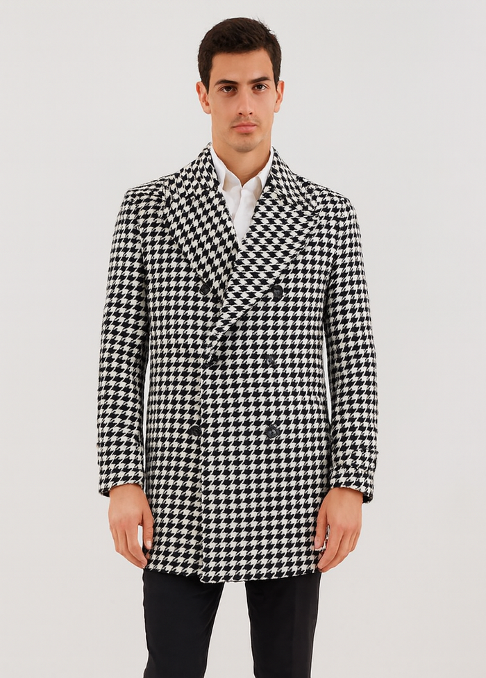 Mens Plaid Overcoat - Wool Peacoat - Plaid Topcoats Black
