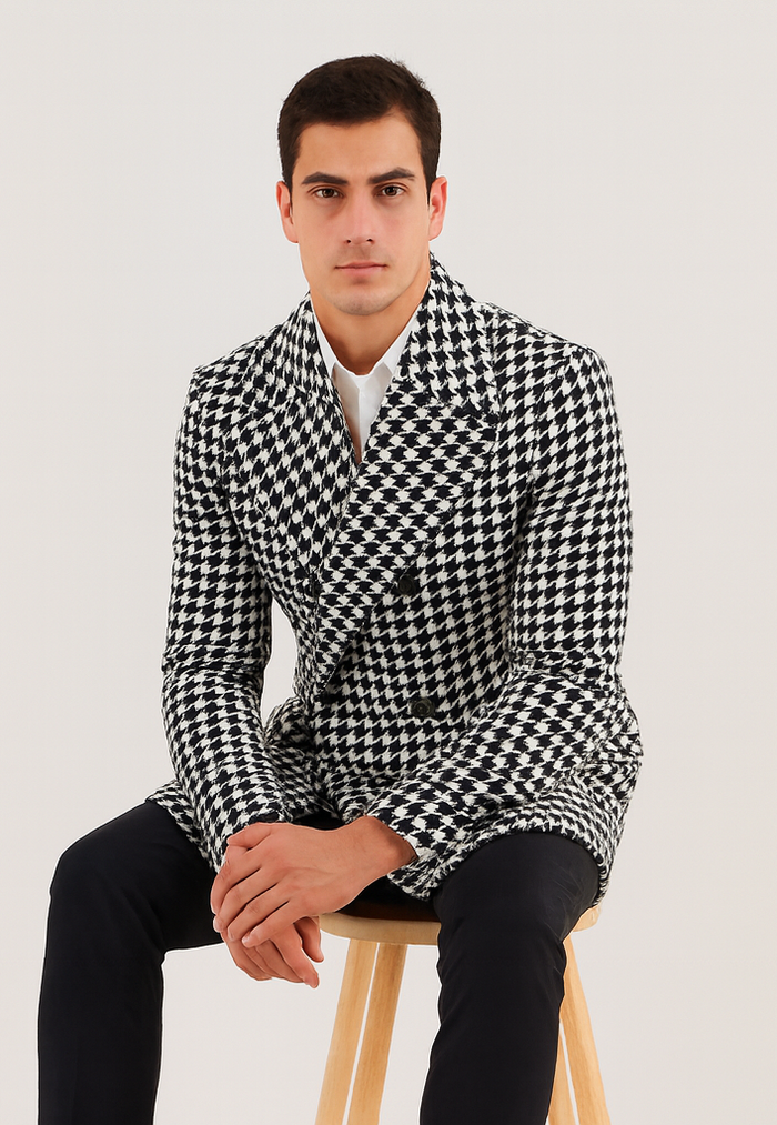 Mens Plaid Overcoat - Wool Peacoat - Plaid Topcoats Black