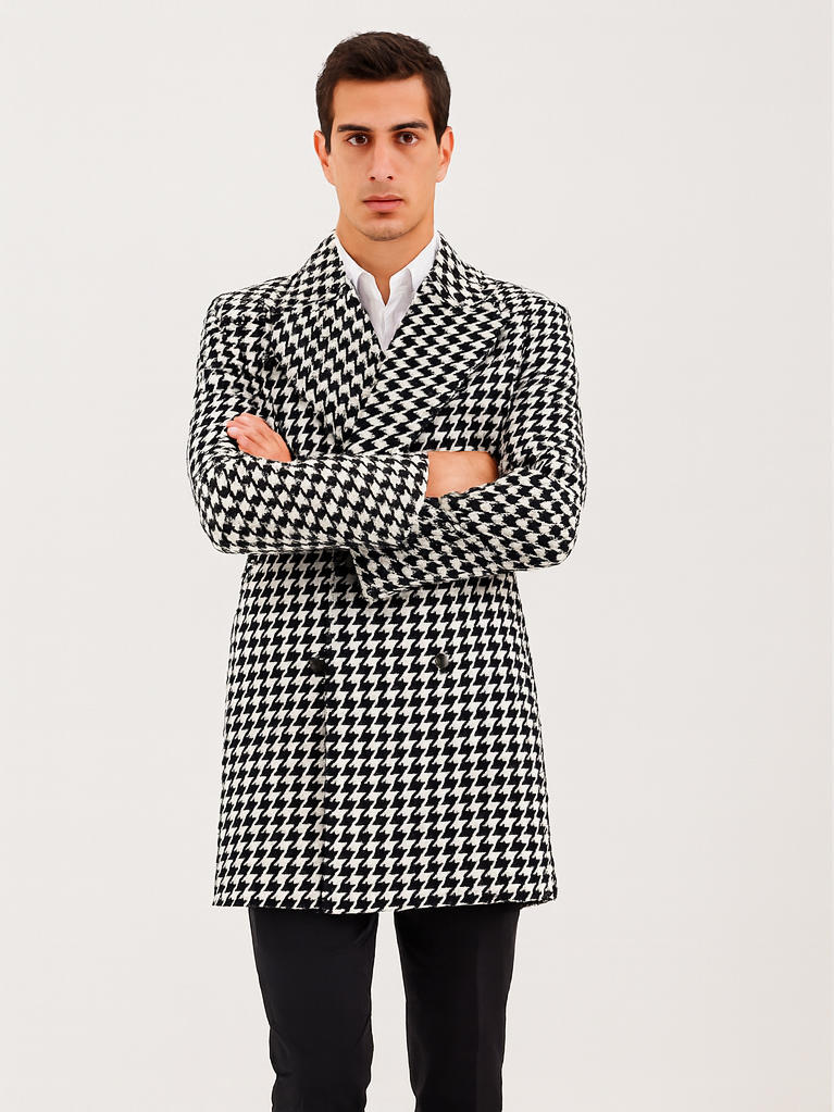 Mens Plaid Overcoat - Wool Peacoat - Plaid Topcoats Black