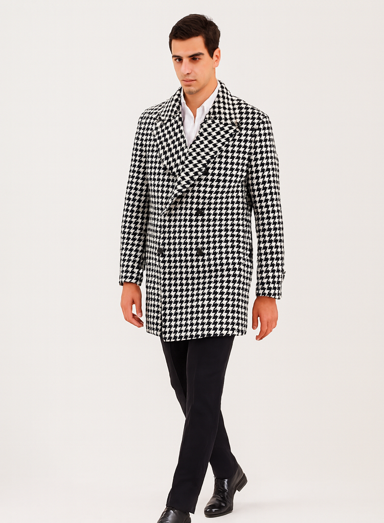 Mens Plaid Overcoat - Wool Peacoat - Plaid Topcoats Black