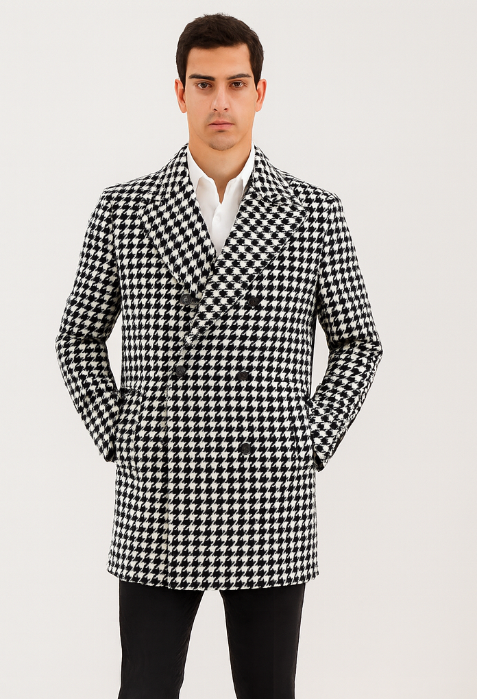Mens Plaid Overcoat - Wool Peacoat - Plaid Topcoats Black