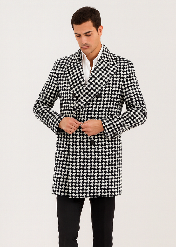 Mens Plaid Overcoat - Wool Peacoat - Plaid Topcoats Black