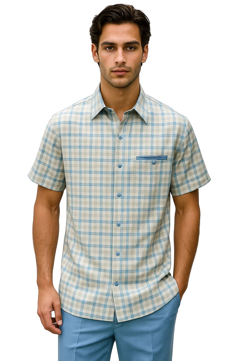 Mens Plaid Walking Suit in Powder Blue by Dreams by Zacchi  2 Piece Leisure Outfit with Matching Shirt and pant - $99