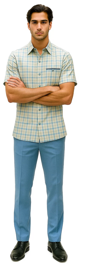 Mens Plaid Walking Suit in Powder Blue by Dreams by Zacchi  2 Piece Leisure Outfit with Matching Shirt and pant - $99