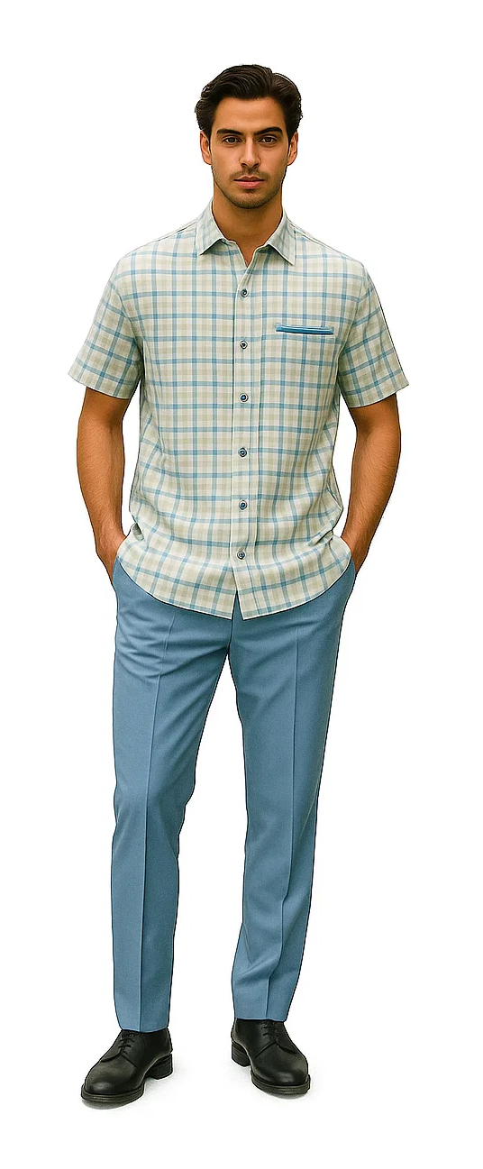 Mens Plaid Walking Suit in Powder Blue by Dreams by Zacchi  2 Piece Leisure Outfit with Matching Shirt and pant - $99
