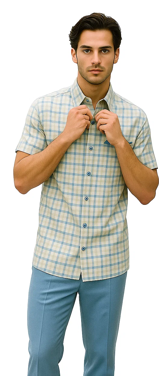Mens Plaid Walking Suit in Powder Blue by Dreams by Zacchi  2 Piece Leisure Outfit with Matching Shirt and pant - $99