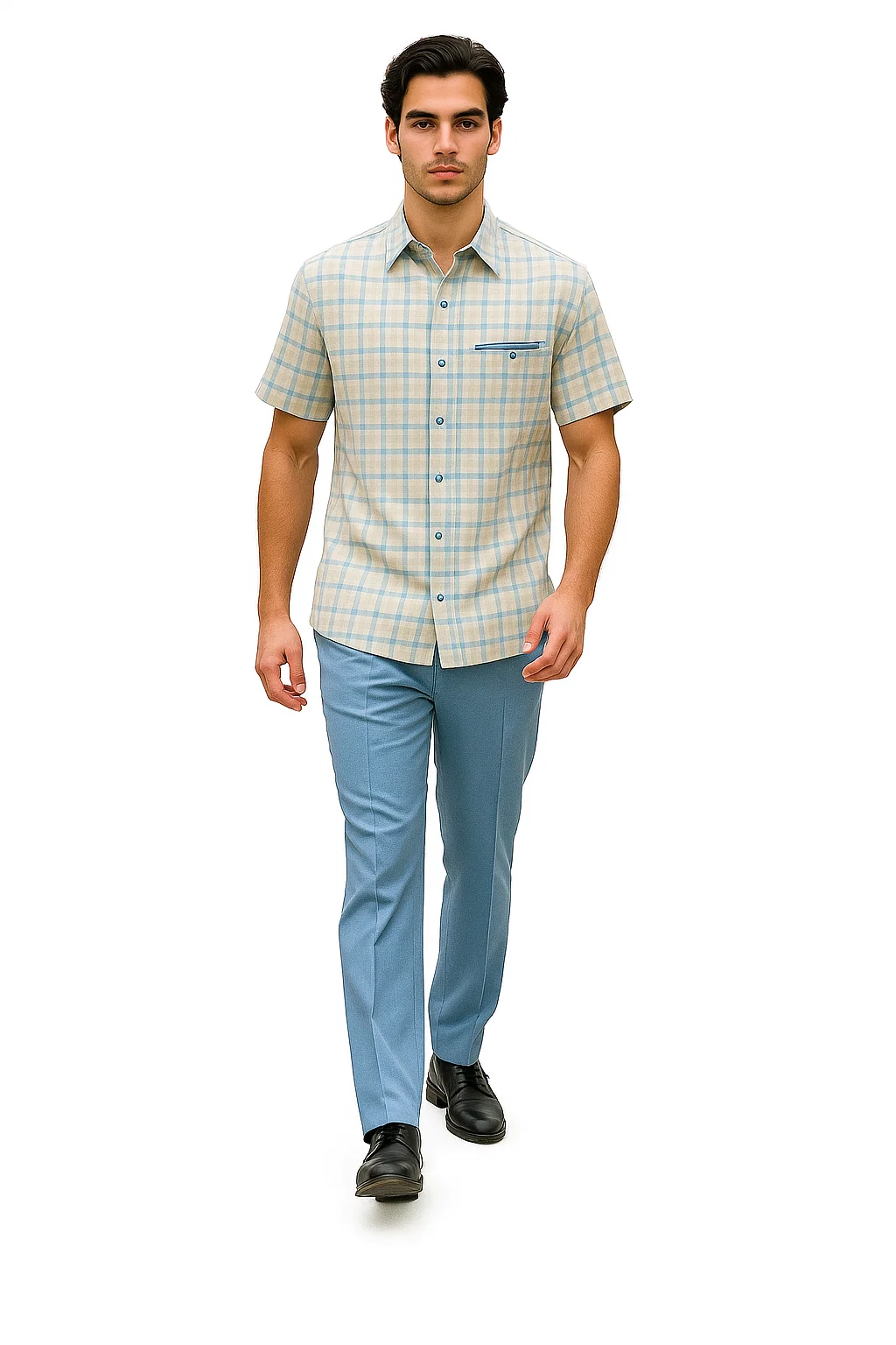 Mens Plaid Walking Suit in Powder Blue by Dreams by Zacchi  2 Piece Leisure Outfit with Matching Shirt and pant - $99