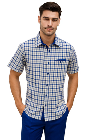 Mens Plaid Walking Suit in Royal by Dreams by Zacchi  2 Piece Leisure Outfit with Matching Shirt and pant - $99